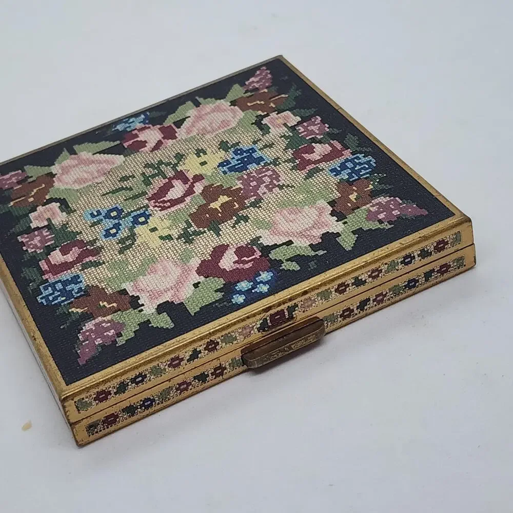 Vintage Volupte Leakproof Compact Needlepoint Look Floral Mirror Gold Tone USA